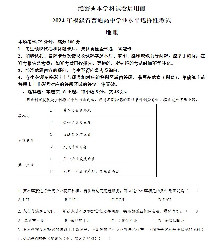 2024年高考福建地理试卷真题+答案